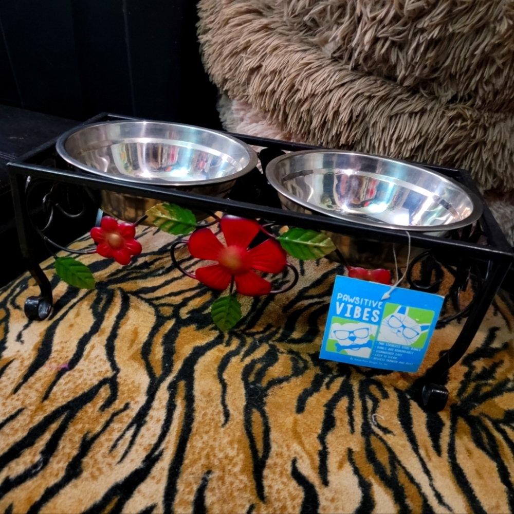 Pet Bowls Raised Diner Dog Or Cat Sz. med/large Pawsitive Vibes  Floral Decor